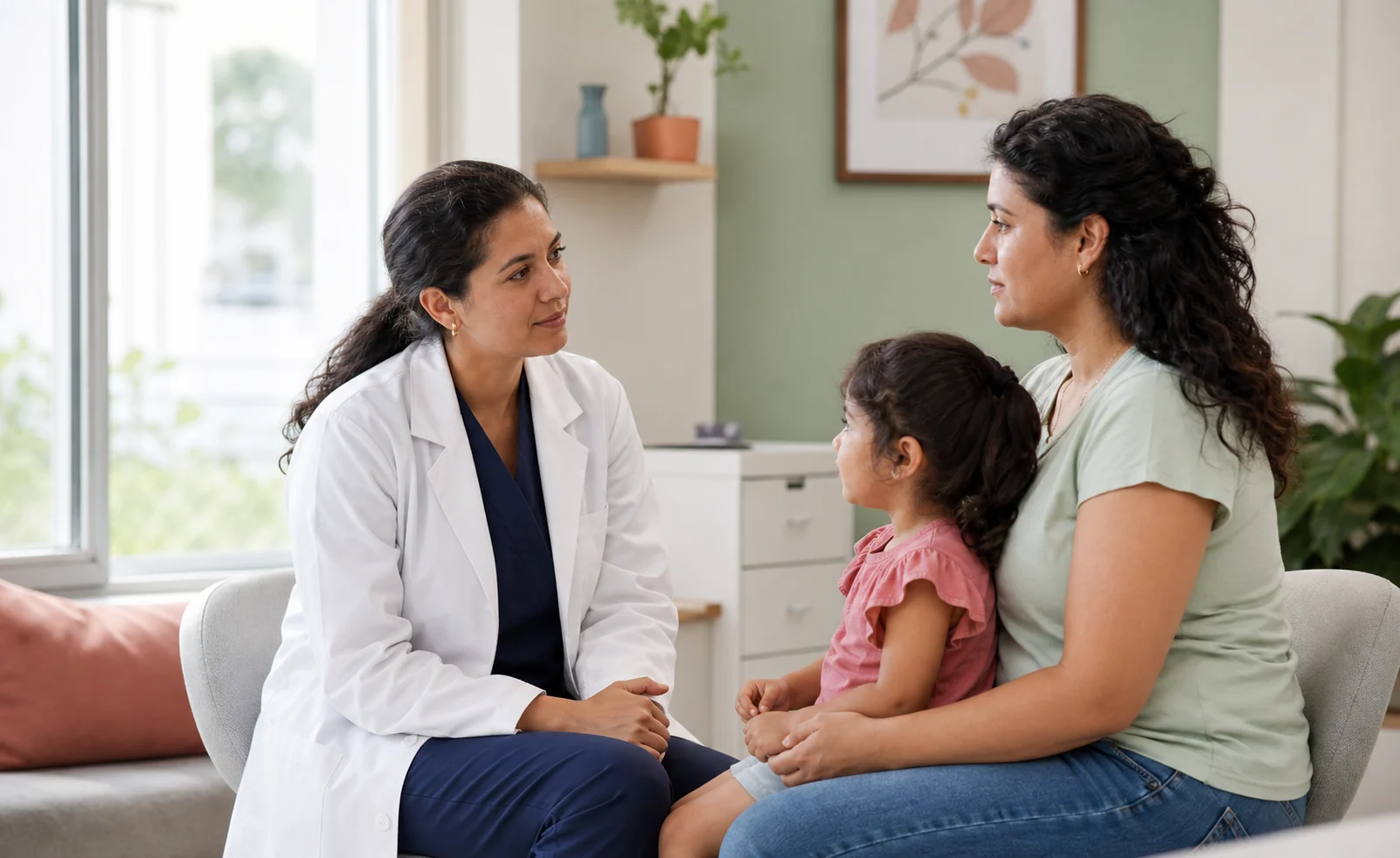 Médica de familia conversando con una madre y su hija durante una consulta